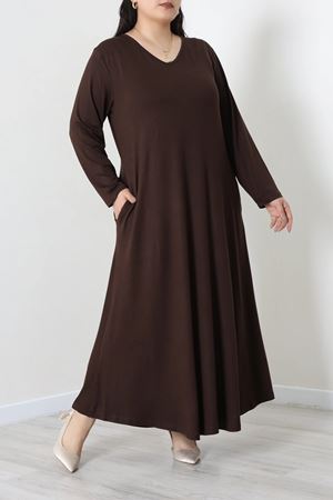 Kadın V Yaka Büyük Beden Örme Viskon Elbise Açık Kahve