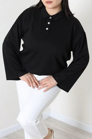 Kadın Çıtçıtlı Polo Yaka Büyük Beden Modal Bluz Siyah