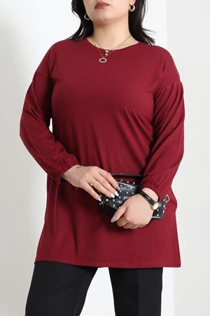 Kadın Viskon Bisiklet Yaka Büzgülü Kol Yırtmaçlı Tunik Bordo