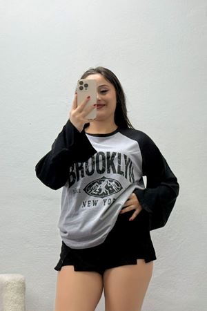 Kadın Reglan Kol Bisiklet Yaka Penye Sweat Gri Siyah Model TV-98597