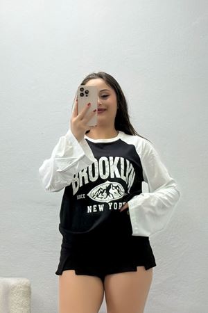 Kadın Reglan Kol Bisiklet Yaka Penye Sweat Siyahekru Model TV-98600