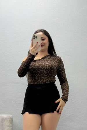Kadın Pamuk Penye Bluz Leopar