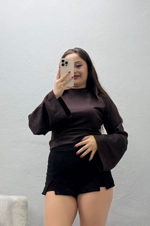 Kadın Kimono Kol Dik Yaka Bluz Açık Kahve