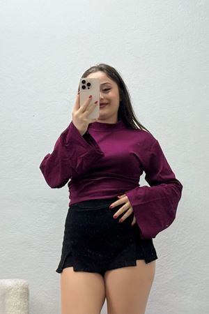 Kadın Kimono Kol Dik Yaka Bluz Mürdüm