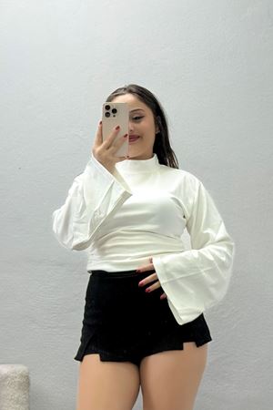 Kadın Kimono Kol Dik Yaka Bluz Ekru