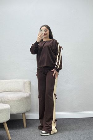 Kadın Kurdeleli 2 İplik Eşofman Takımı Kahve Bej