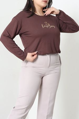 Kadın Baskılı Büyük Beden Viskon Bluz Kahve Model TV-99346