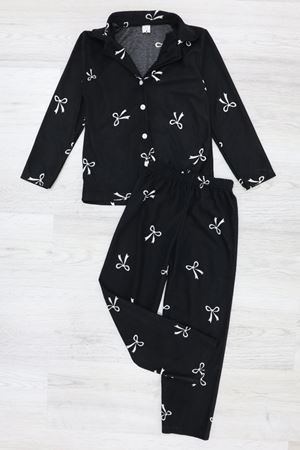 5-12 Yaş Baskılı Süet Düğmeli Çocuk Pijama Takımı Siyahkurdele