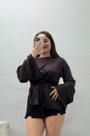 Kadın Kimono Kol Arkadan Bağlamalı Modal Bluz Açık Kahve