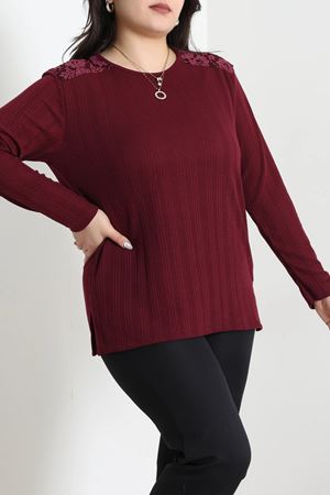Kadın Omuz Dantelli Büyük Beden Burdu Bluz Bordo