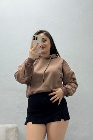 Kadın 3 İplik Kapşonlu Crop Sweat Kahve