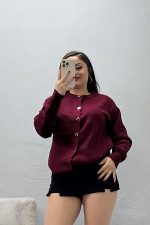 Kadın Düğmeli Uzun Kollu Triko Hırka Bordo