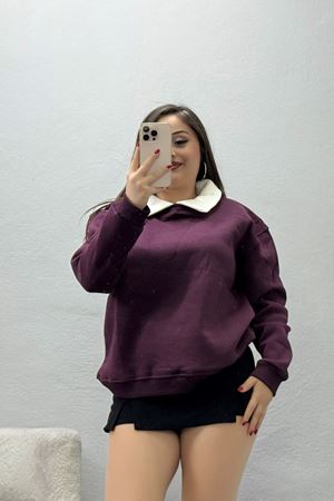 Kadın Gömlek Yaka 3 İplik Sweat Mürdüm