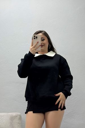 Kadın Gömlek Yaka 3 İplik Sweat Siyah