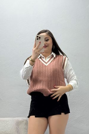 Kadın V Yaka Triko Süveter Gül Kurusu