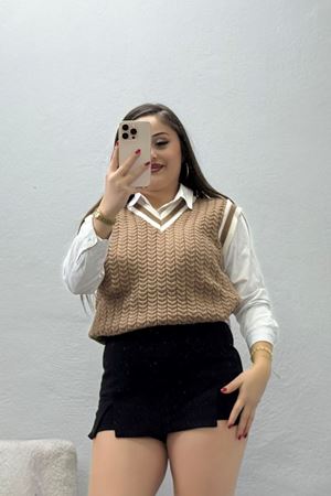 Kadın V Yaka Triko Süveter Mochalatte