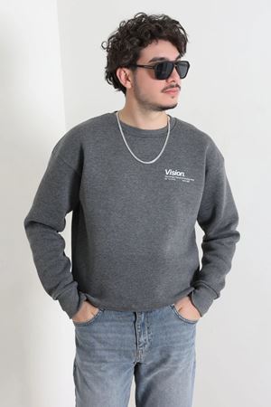 Bisiklet Yaka Baskılı Şardonlu 3 İplik Erkek Sweat Antrasit