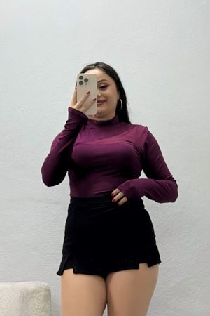 Kadın Buzzy File Detay Dik Yaka Uzun Kol Bluz Mürdüm