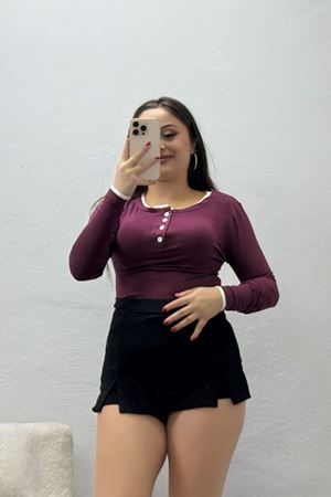 Kadın Buzzy Kumaş Düğmeli Body Mürdüm