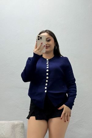 Kadın İnci Düğmeli Triko Hırka Lacivert