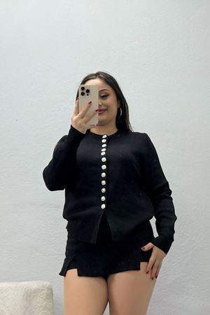 Kadın İnci Düğmeli Triko Hırka Siyah