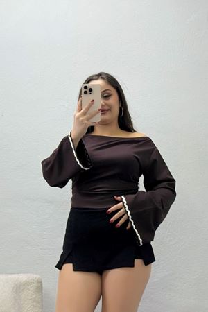 Kadın Kimono Kol Kayık Yaka Modal Bluz Açık Kahve