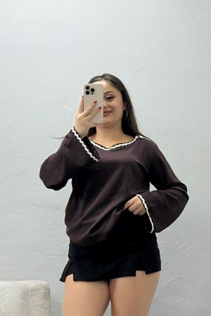 Kadın Kimono Kol V Yaka Biye Detaylı Modal Bluz Açık Kahve
