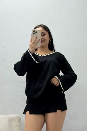 Kadın Kimono Kol V Yaka Biye Detaylı Modal Bluz Siyah