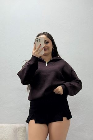 Kadın Pamuk Triko Fermuarlı Dik Yaka Sweatshirt Açık Kahve