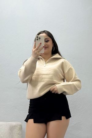 Kadın Pamuk Triko Fermuarlı Dik Yaka Sweatshirt Bej