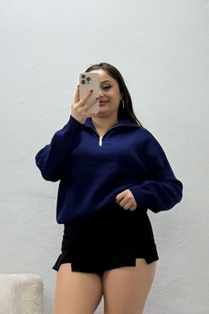 Kadın Pamuk Triko Fermuarlı Dik Yaka Sweatshirt Lacivert