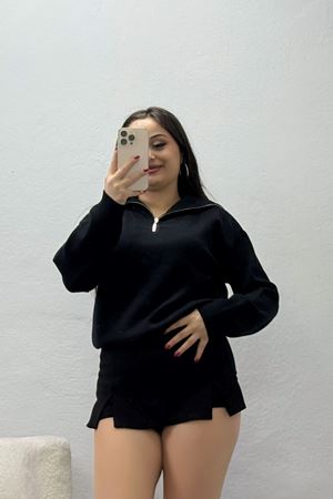 Kadın Pamuk Triko Fermuarlı Dik Yaka Sweatshirt Siyah