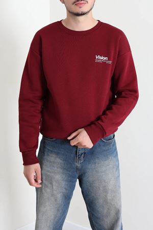 Bisiklet Yaka Baskılı Şardonlu 3 İplik Erkek Sweat Bordo