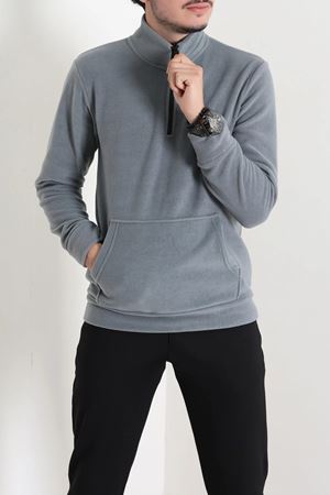 Yarım Fermuar Kanguru Cepli Erkek Polar Sweat Füme