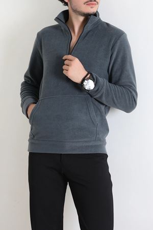Yarım Fermuar Kanguru Cepli Erkek Polar Sweat Antrasit