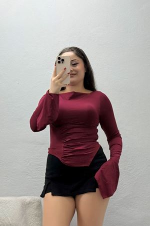 Dalgıç Düz Uzun Kol Büzgülü Kadın Body Bordo