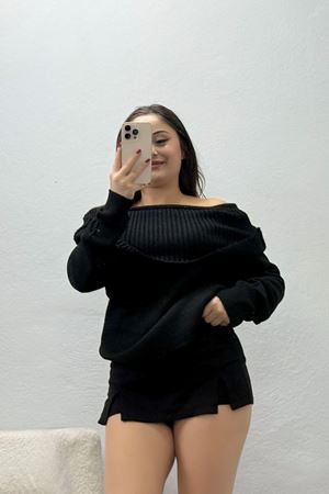 Kadın Madonna Yaka Triko Kazak Siyah