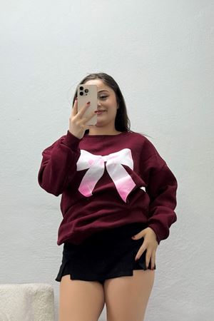 Kadın 3 İplik Bisiklet Yaka Baskılı Sweat Bordo