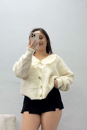 Kadın Bebe Yaka Düğmeli Triko Hırka Krem