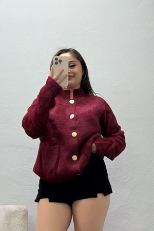 Kadın Düğmeli Triko Hırka Bordo