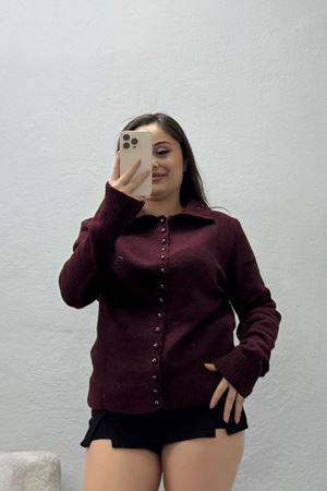 Kadın Düğmeli Triko Hırka Bordo