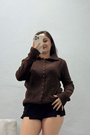 Kadın Düğmeli Triko Hırka Kahve Model TV-98322