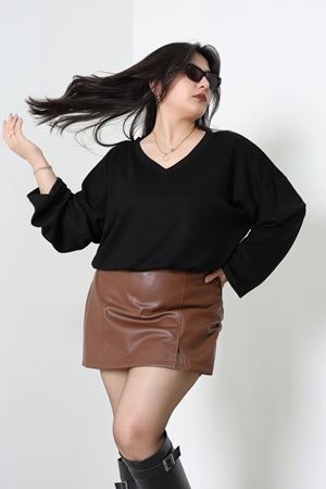 Kadın V Yaka Kimono Kol Büyük Beden Modal Bluz Siyah