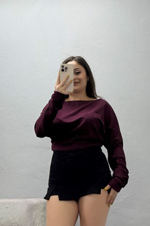 Kadın Kayık Yaka Yarasa Kol Modal Bluz Mürdüm