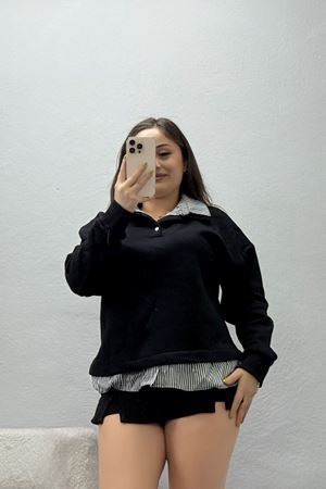 Kadın 3 İplik Şardonlu Gömlek Detay Sweat Siyahfüme