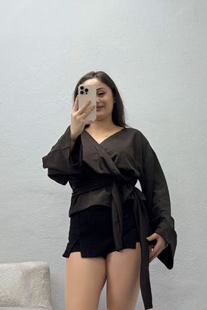 Kadın Kruvaze Yaka Bağlamalı Modal Kimono Bluz Açık Kahve