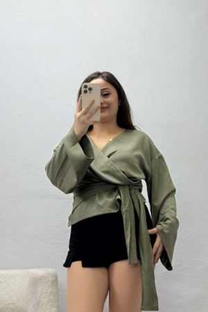 Kadın Kruvaze Yaka Bağlamalı Modal Kimono Bluz Çağla