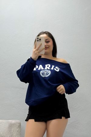 Kadın Oysho Baskılı Kayık Yaka Sweatshirt Lacivert