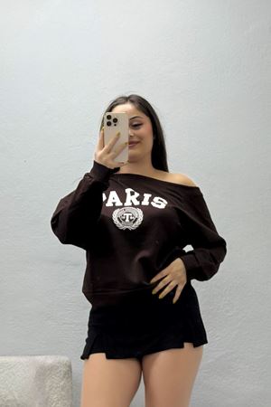 Kadın Oysho Baskılı Kayık Yaka Sweatshirt Kahve
