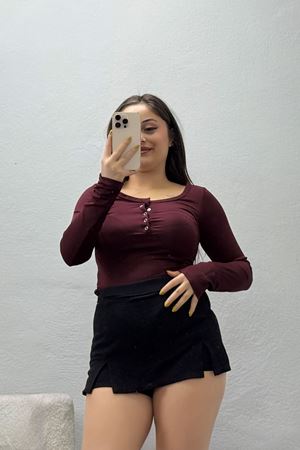 Kadın Dalgıç Bisiklet Yaka Uzun Kol Çıtçıtlı Body Bordo